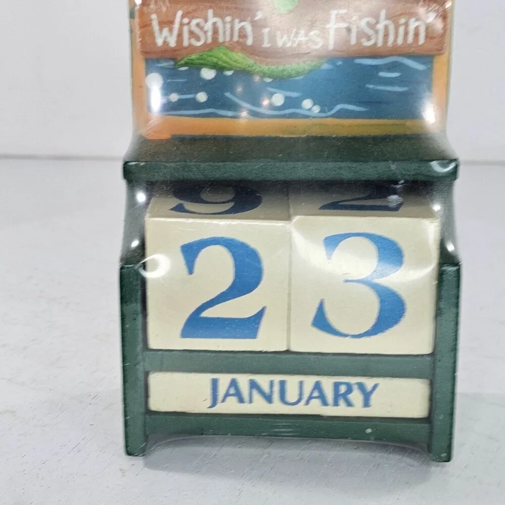 Wishin I Was Fishin Perpetual Desk Calendar Block Set Fisherman Gift